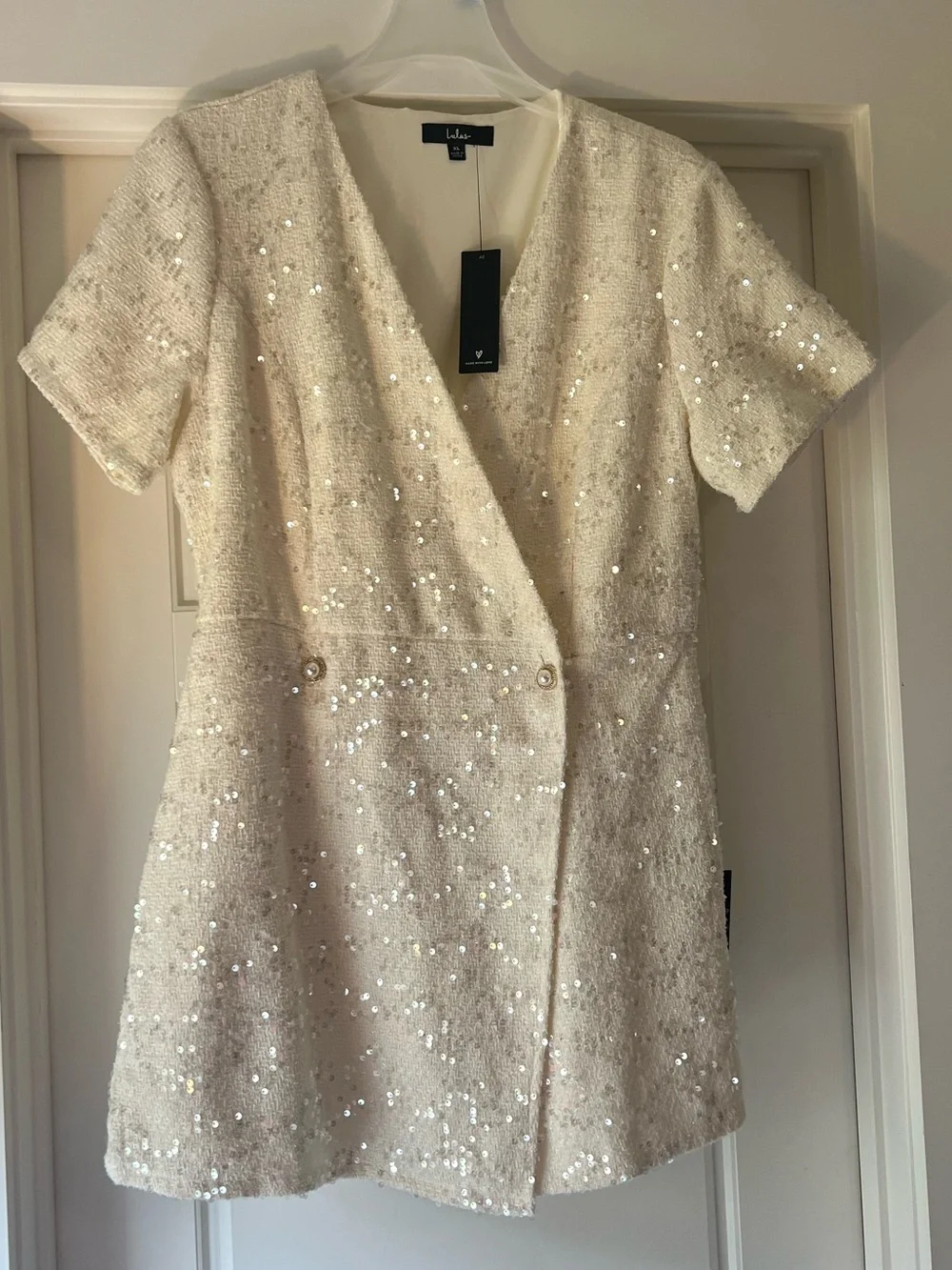Lulus Glittering Charisma Cream Sequin Tweed Short Sleeve Skort Romper NWT XL - Picture 2 of 6